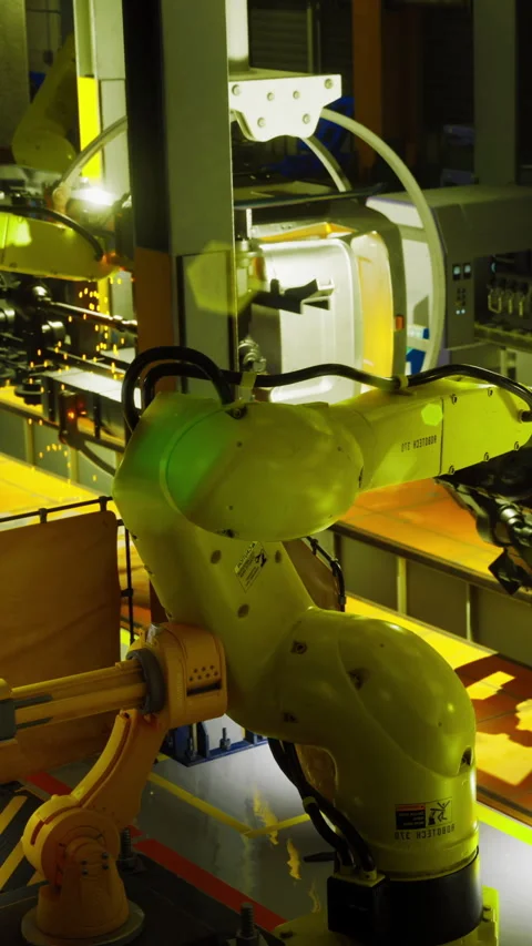 Robotic arms at work in a vibrant factory setting during daytime Stock Footage 331834852