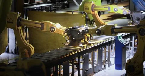 Robotic arms working on assembly line in a modern manufacturing facility Stock Illustration