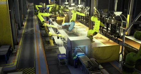 Robotic arms working on assembly line in a modern industrial facility Stock Illustration