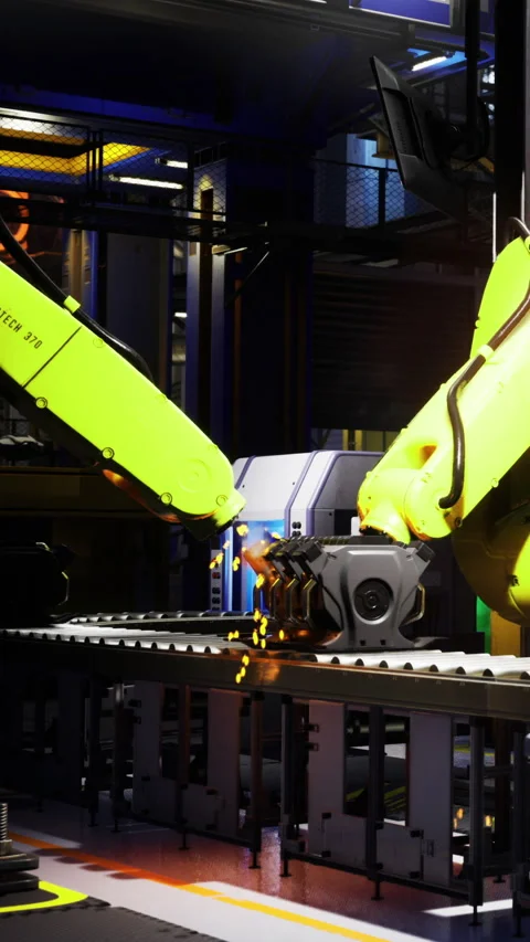 Robotic arms working harmoniously in a high tech manufacturing facility Stock Footage 331694487