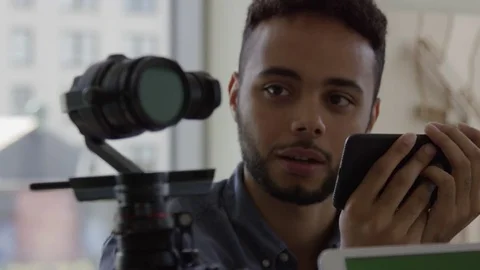 Robotic Articulating Gimbal Arm Controlled By African American Young Attractive Stock Footage 82549938