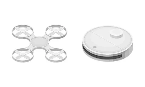 Robotic artificial objects set. Drone and vacuum cleaner. Artificial Stock Illustration