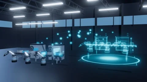 Robotic assembly line and holographic digital twin running in exact sync fac Stockbeeldmateriaal 344649809