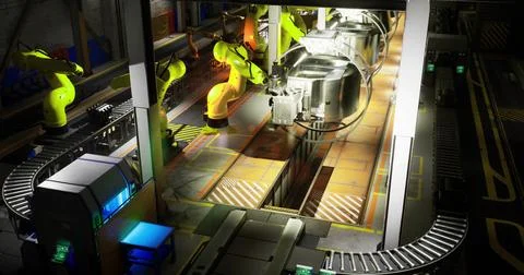 Robotic assembly line in a high tech modern facility Illustrazione stock