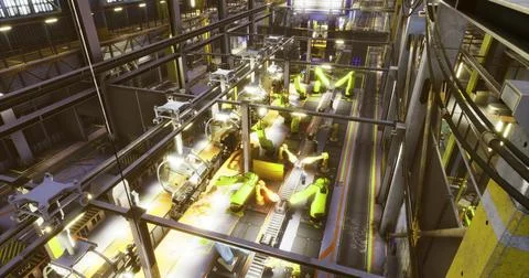 Robotic assembly line operating in a modern manufacturing facility Stock Illustration