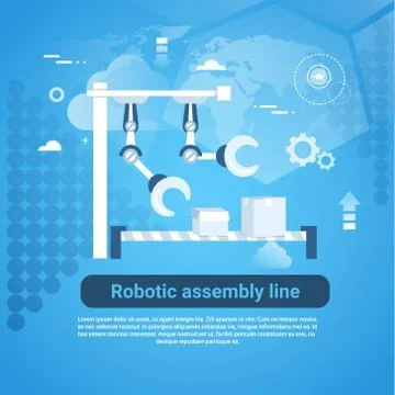 Robotic Assembly Line Web Banner With Copy Space On Blue Background Illustrazione stock