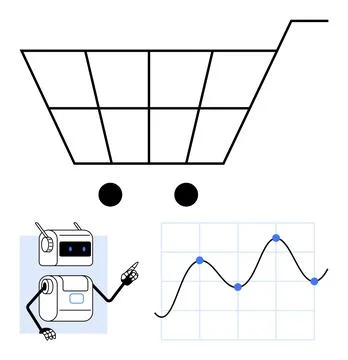 Robotic Assistance in E-commerce Visualization with Shopping Cart and Data Illustrazione stock