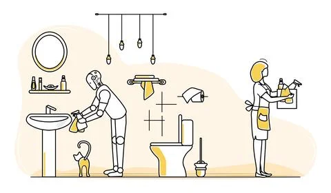 Robotic assistant cleaning bathroom alongside woman, showcasing modern hous.. Stock Illustration