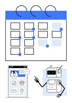 Robotic Assistant Helping with Smartphone Scheduling and Notifications Inte.. Stock Illustration