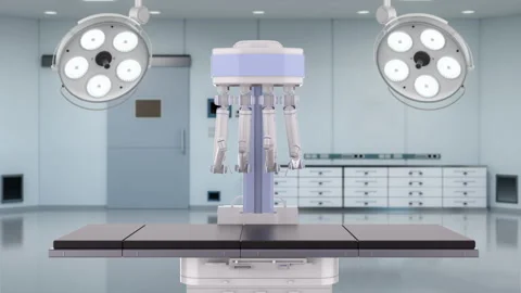 Robotic assisted surgery with empty bed in laboratory 4k footage Stock Footage 248355825