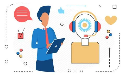 Robotic audio speech transcript, robot speaker next to man.. イラスト素材