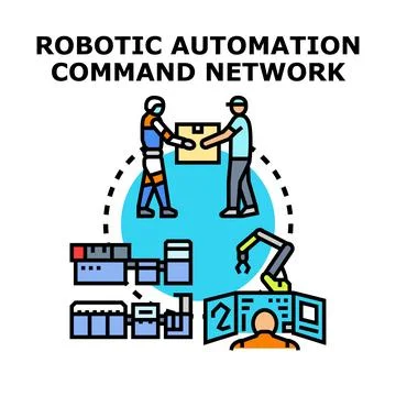 Robotic automation command network managing modern industry operations Stock Illustration