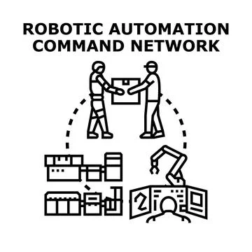 Robotic automation command network managing modern industry operations Stock Illustration