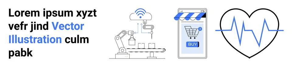 Robotic Automation, E-commerce, and Heartbeat Monitor with Text Elements Illustrazione stock