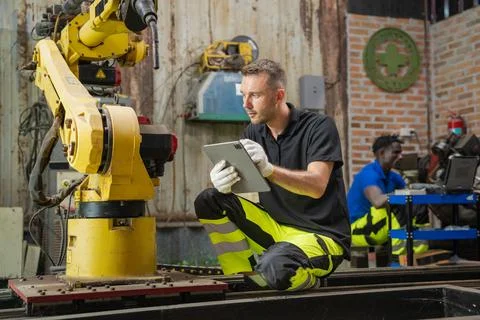Robotic automation process industrial workshop technology implementation ur.. Stock Photos