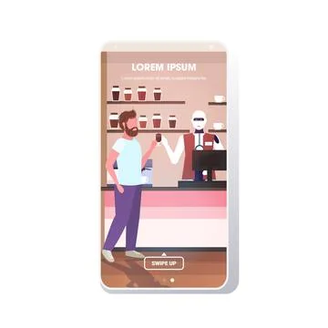 Robotic barista serving man client artificial intelligence technology concept Stock Illustration