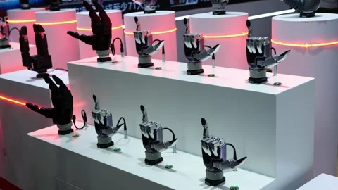 Robotic bionic hands on display at tech expo. Stockbeeldmateriaal 344275359