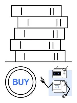 Robotic Bookstore Assistant with Stack of Books and Buy Button Stock Illustration