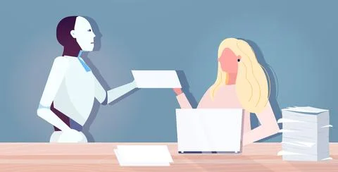 Robotic boss giving documents to overworked businesswoman with paper stack Illustrazione stock