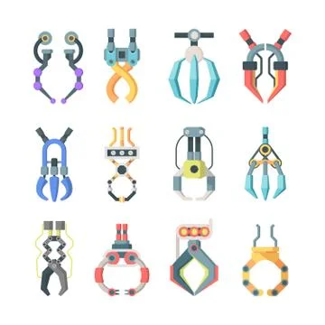 Robotic claws grips large set. Technological mechanisms for transfer goods Stock-Illustration