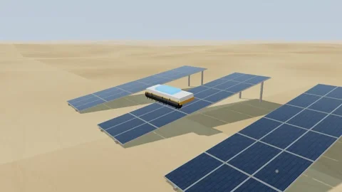 Robotic cleaning machine sweeping dust from solar panels at a desert Stock Footage 340328829