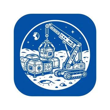 Robotic crane lifting cargo modules on lunar surface with blue celestial ba.. Stock Illustration