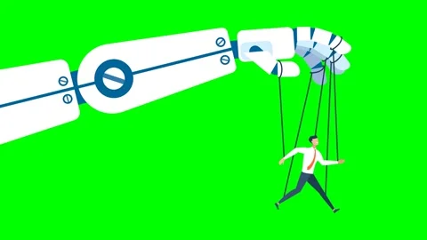 Robotic cyborg hand manipulating human puppet on green background. Robot control Stock Footage 255555562