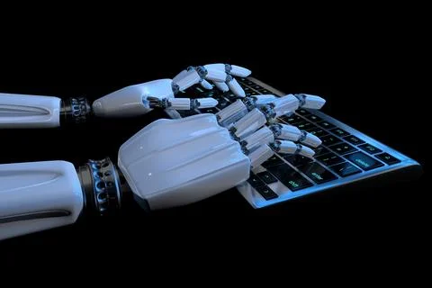Robotic cyborg hand using computer. Hands of robot typing on keyboard. Stock Illustration