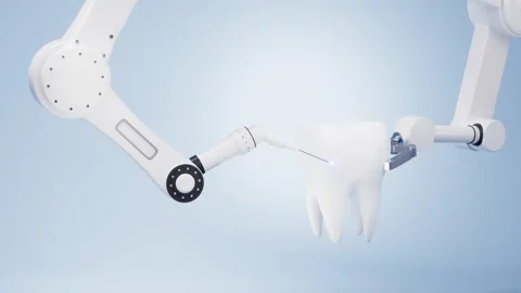 Robotic dental surgery arm treating human tooth with laser in laboratory on.. Stock Footage 332315283