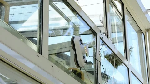 Robotic device cleans vertical glass using an automatic control system. Stock Footage 336842887