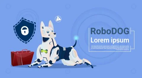 Robotic Dog Protecting Data Cute Domestic Animal Database Safety System Modern Illustrazione stock
