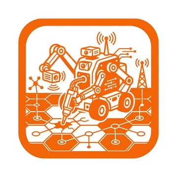 Robotic drilling machine icon in orange illustrating autonomous road repair.. Stock Illustration