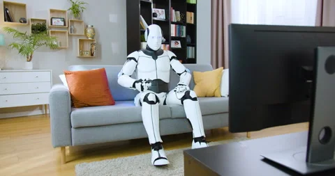 Robotic droid relaxing on cozy couch and watching show entertaining programs Stock Footage 244136606