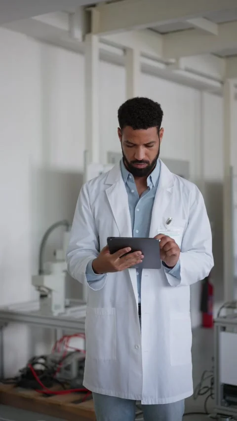 Robotic engineer calibrating or adjusting robotic arm, controlling its actions Stock Footage 277213071