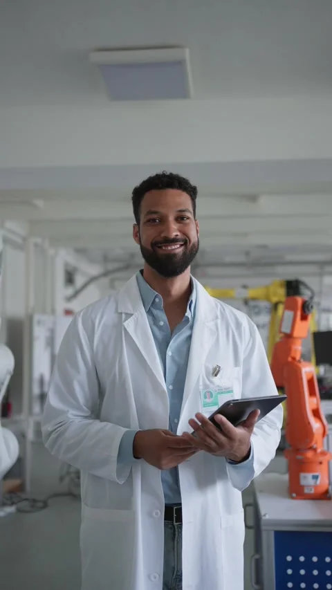 Robotic engineer calibrating or adjusting robotic arm, controlling its actions Stock Footage 277213117