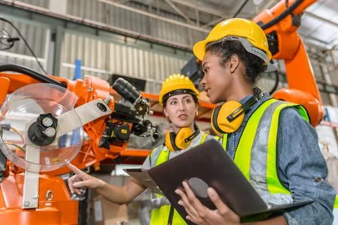 Robotic engineer training, technician work in modern factory industrial rob.. Stock Photos