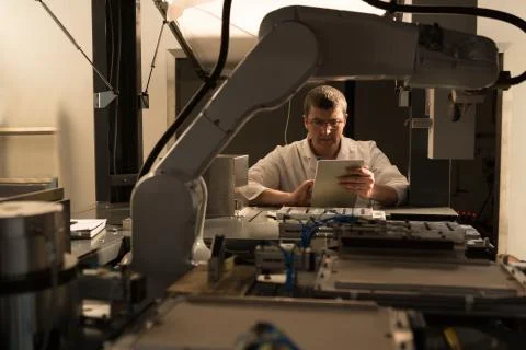 Robotic engineer using digital tablet Stock Photos