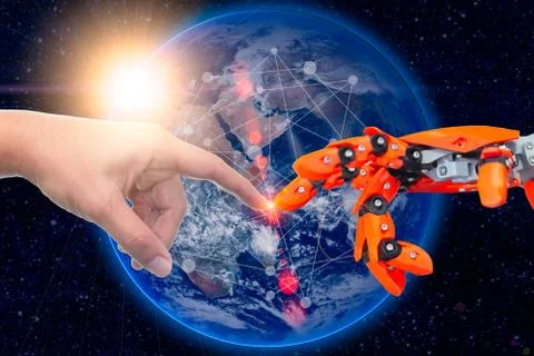 Robotic engineering connected to people for future around the world concept.  스톡 사진