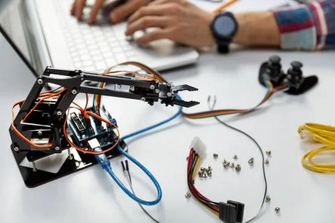 Robotic engineering - technician programming robot arm on computer 写真素材