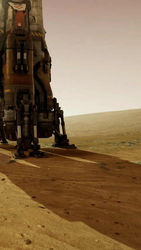 Robotic explorer stands tall on the surface of a distant alien world at dusk Stock Footage 341404115
