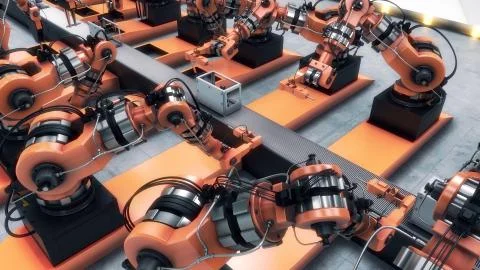 Robotic Factory assembling 3d printer on conveyor belt. 3d illustration Stock Illustration