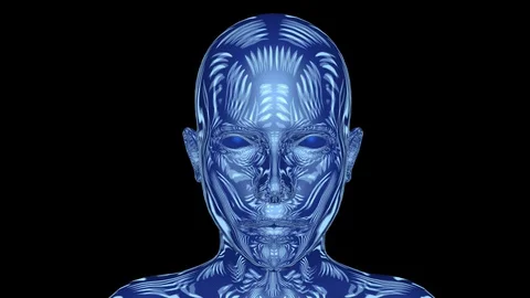 Robotic female face with transforming patterns. 3d animation Video stock 128378496