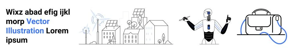 Robotic figure pointing, solar panel buildings, VR headset with connection. I Ilustración de archivo
