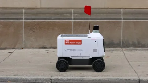 Robotic food delivery vehicle moving along a sidewalk for contactless and a.. Stock Footage 329663353
