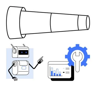 Robotic Future AI Robot Pointing Towards a Growth Chart with Telescope and .. Stock Illustration