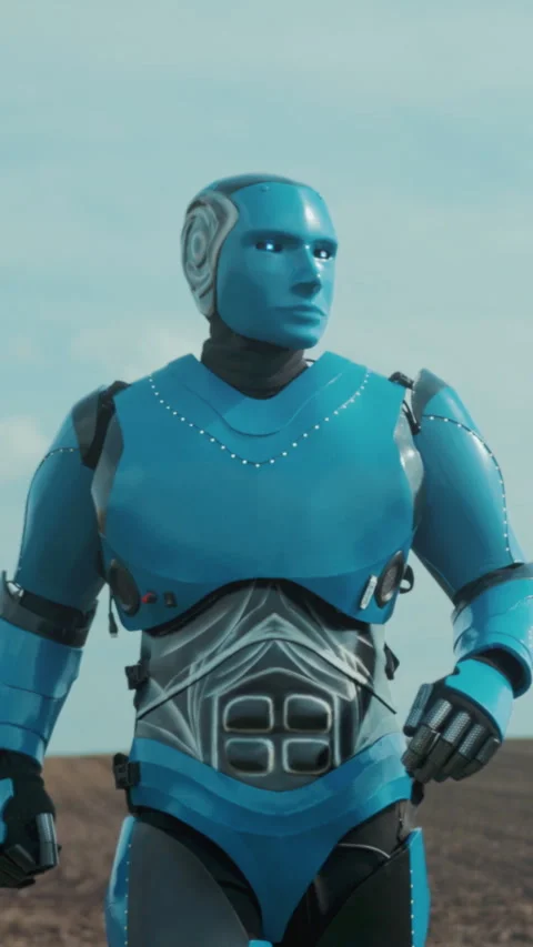 Robotic guardian stance, Sturdy metallic guardian stands vigilant over windswept Vídeo Stock 335795155