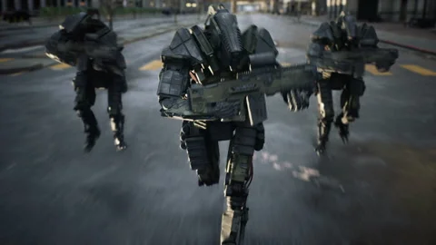 Robotic guards run fast on a mission in a futuristic city. Military robots on Stock Footage 196564643