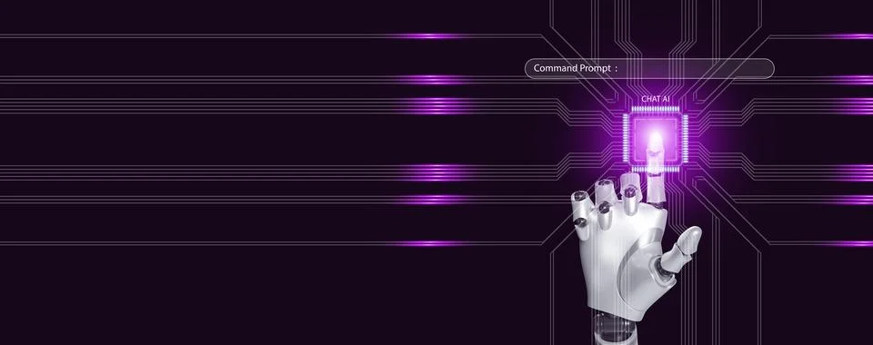 Robotic hand activates the chip, CPU, for chat with ai through a command pr.. Stock Illustration