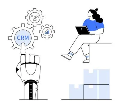 Robotic Hand Activating CRM While Woman with Laptop Monitors and Manages In.. Stock Illustration