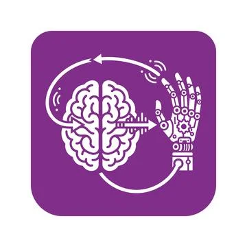 Robotic hand and brain interaction with neural feedback loops on purple bac.. Stock Illustration